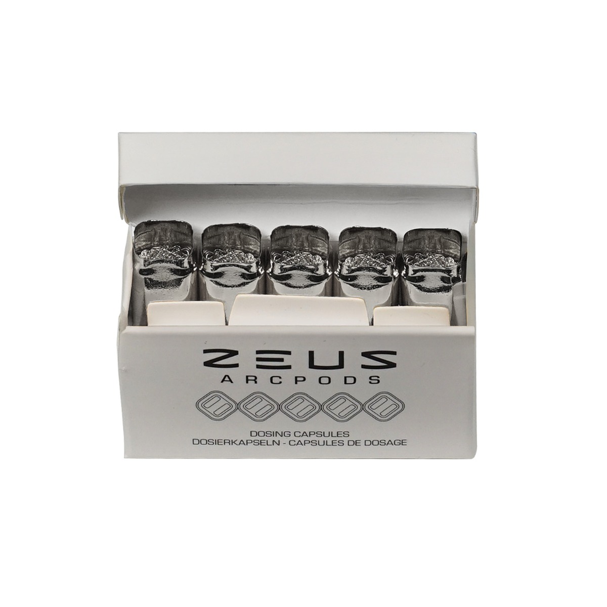 Verpackungsbox von Zeus WaxPods, die silberne Pods für Konzentratkonsum zeigt, die in einer Reihe angeordnet sind, mit dem Logo „Zeus Arcpods” auf der Vorderseite.