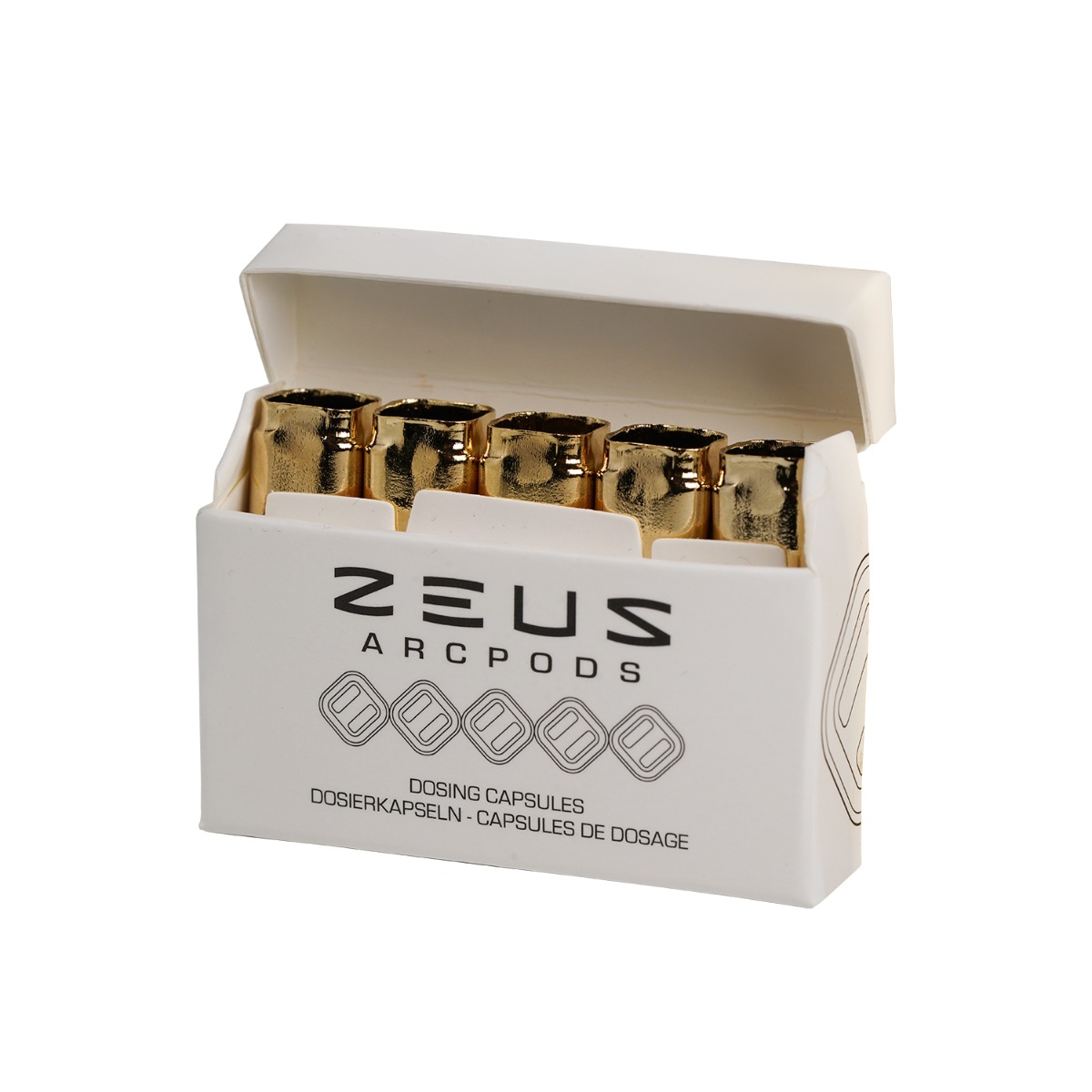 Offene weiße Packung mit mehreren goldfarbenen Zeus ArcPods GT Dosierkapseln, vorn ist das Logo „Zeus ArcPods“ zu sehen.