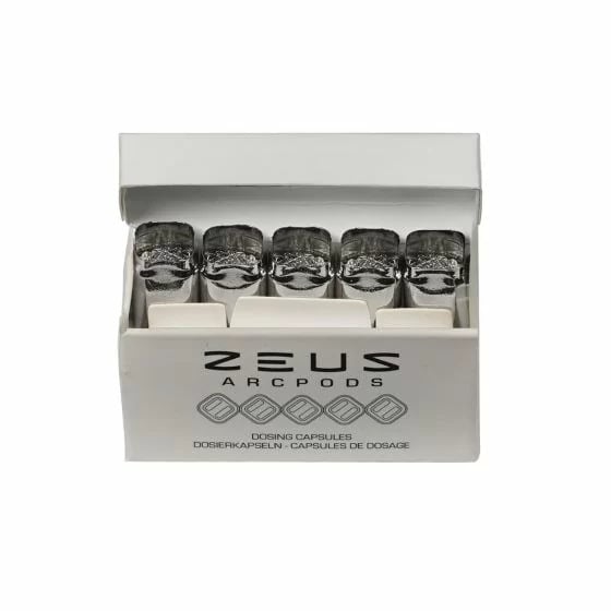 Verpackungsbox von Zeus WaxPods, die silberne Pods für Konzentratkonsum zeigt, die in einer Reihe angeordnet sind, mit dem Logo „Zeus Arcpods” auf der Vorderseite.