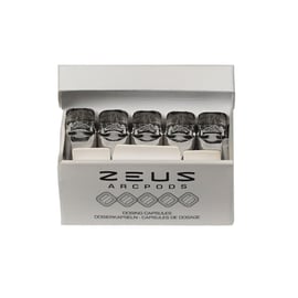 Verpackungsbox von Zeus WaxPods, die silberne Pods für Konzentratkonsum zeigt, die in einer Reihe angeordnet sind, mit dem Logo „Zeus Arcpods” auf der Vorderseite.