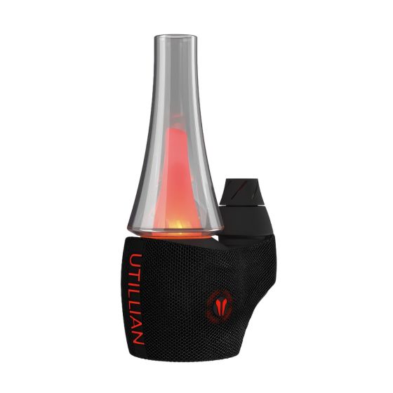 Utillian 8 Turbo – E-Rig in Schwarz mit rot leuchtendem Glas-Bubbler und Dual-Spinner-Carb-Cap